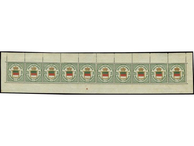 1876, 3 Pfg. grün/gelb/zinnoberrot im Zehnerstreifen mit allen Bogenrändern, 4 Marken postfrisch, 6 sauber ungebraucht, zwisc