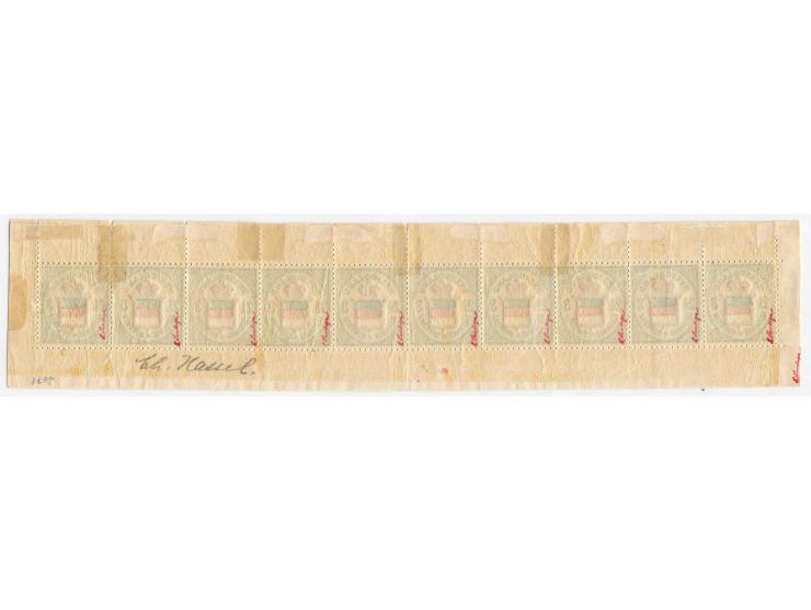 1876, 3 Pfg. grün/gelb/zinnoberrot im Zehnerstreifen mit allen Bogenrändern, 4 Marken postfrisch, 6 sauber ungebraucht, zwisc