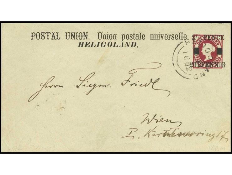 GANZSACHEN: Umschlag 20 Pfg., Aufdruck mit kurzem 'I', mit sauberem Rundstempel "HELIGOLAND JU 11 1882" nach Wien mit Ankunft