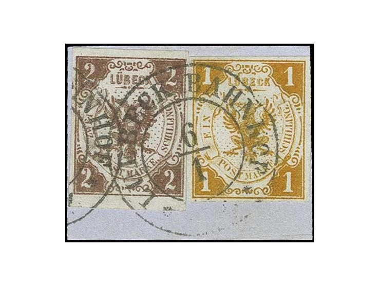 1859, mit Wasserzeichen: 1 Sch. schwärzlichorange in seltener Kombination mit 2 Sch. rötlichbraun, beide farbfrisch und breit