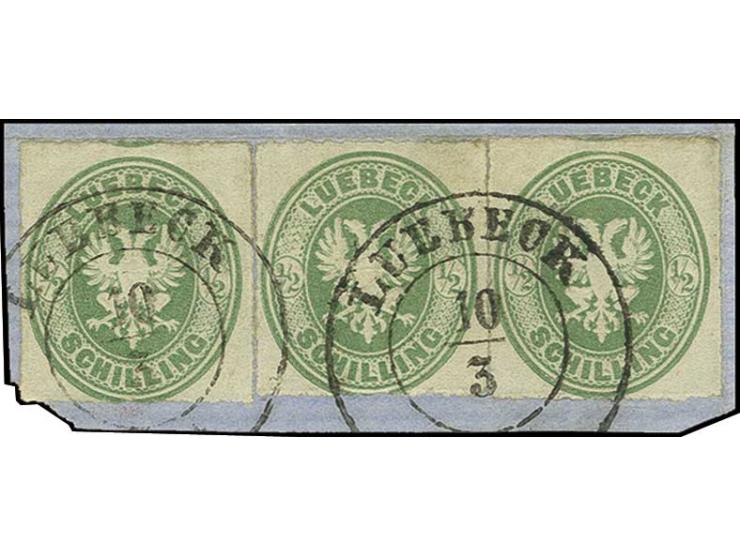1863, durchstochen: ½ Sch. dunkelgelblichgrün, 3 sehr gut durchstochene Exemplare als Streifen geklebt mit 2 kleinen DKr. "LU