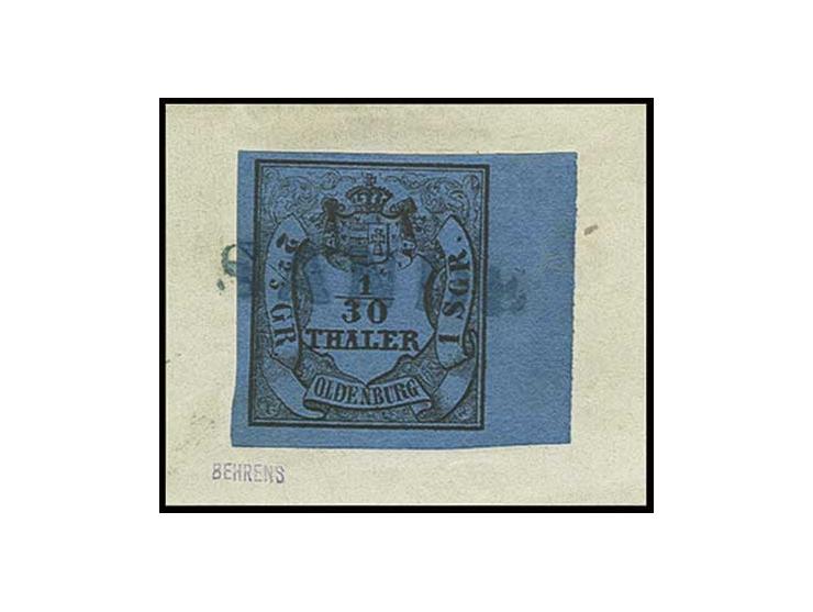 1/30 Th. auf blau, Type III, allseits breit- bis überrandig mit 7 mm rechtem Bogenrand, mit sauberem L1 "SANDE" auf Briefstüc