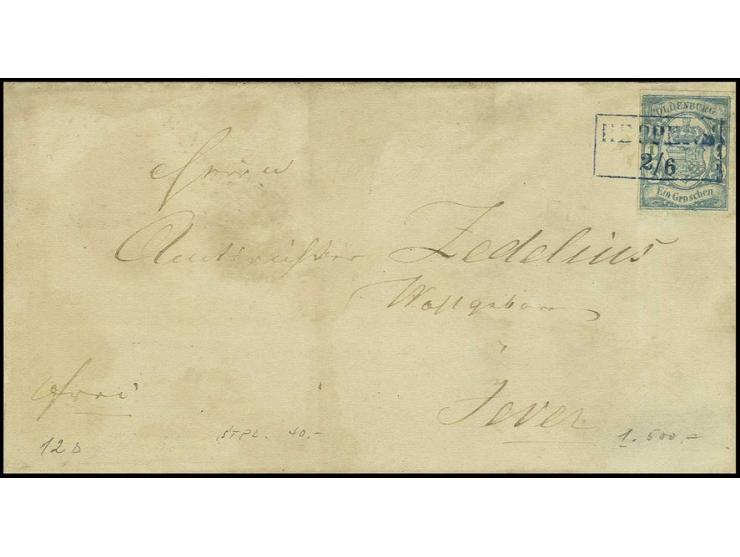 1 Gr. trübblau, voll- bis breitrandig mit blauem Ra2 "HEPPENS 2/6" auf Briefhülle nach Jever, leichte Patina, sign. Brettl BP