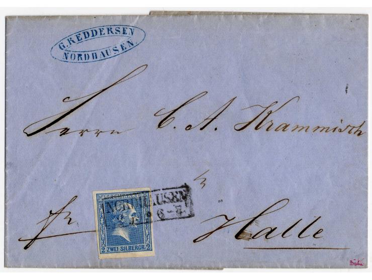 1858, Gittergrund: 4 Pfg. grün und 2 Sgr. dunkelblau, je im breitrandigen waagerechten Paar mit zentrisch aufgesetztem Ra2 vo