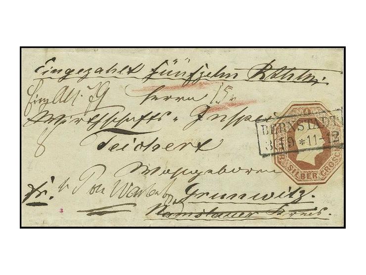 Ganzsachenausschnitte: Oktogon 4 Sgr. braunorange, achteckig geschnitten mit Ra2 "BERNSTADT 30/9" auf kleinformatiger Briefhü