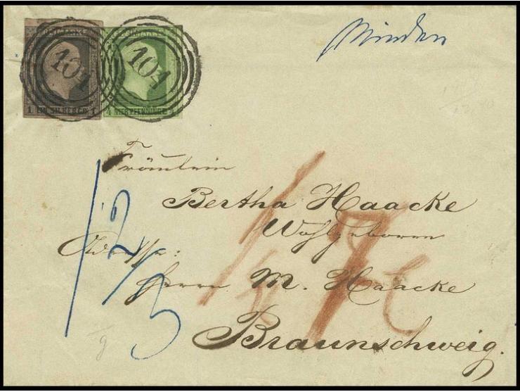 STEMPEL: "104" BERLIN (große Ziffer), 2mal sehr klar auf 1 Sgr. auf hellrosa und 4 Pfge. grün auf unterfrankierter Briefhülle