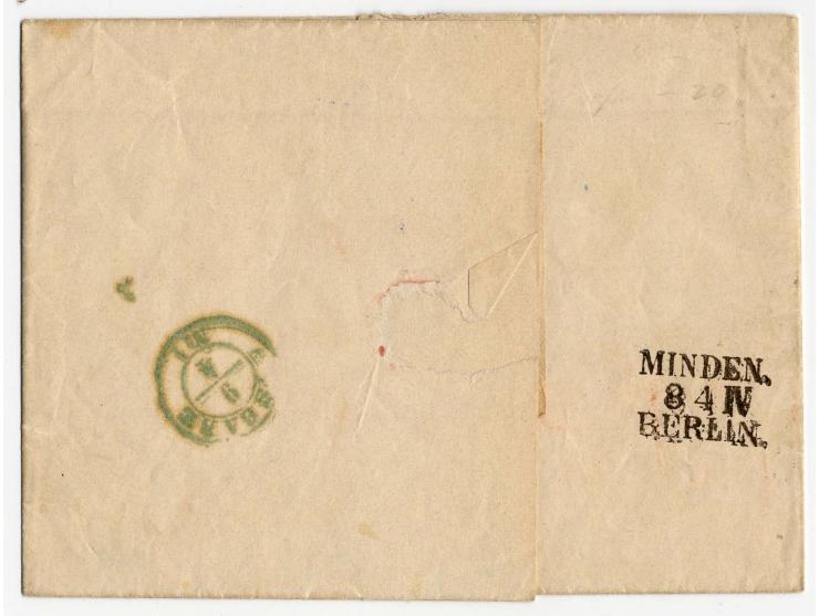STEMPEL: "104" BERLIN (große Ziffer), 2mal sehr klar auf 1 Sgr. auf hellrosa und 4 Pfge. grün auf unterfrankierter Briefhülle