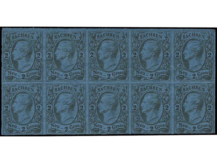 1855/63, Johann 2 Ngr. auf mittelblau, kpl. Schalterbogen von 10 Marken, unten teils leicht berührt, sonst voll- bis breitran