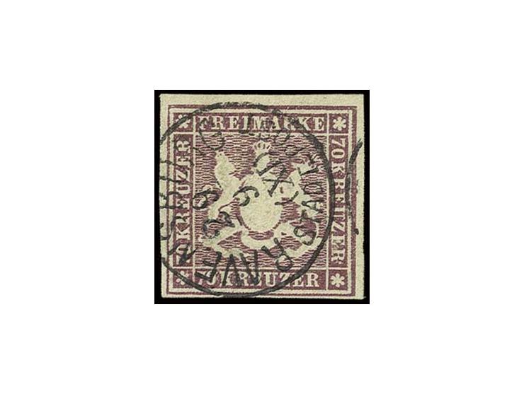 70 Kr. braunlila von Bogenfeld 2, unten schmal-, sonst breitrandig mit rechts Teilen der Trennungslinie, sehr klar entwertet 