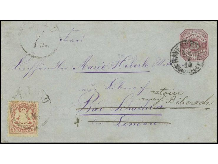 3 Kreuzer rosa mit Einkreisstempel "LINDAU 21 7" als Nachsendefrankatur auf württembergischem Ganzsachenumschlag 10 Pfennig r