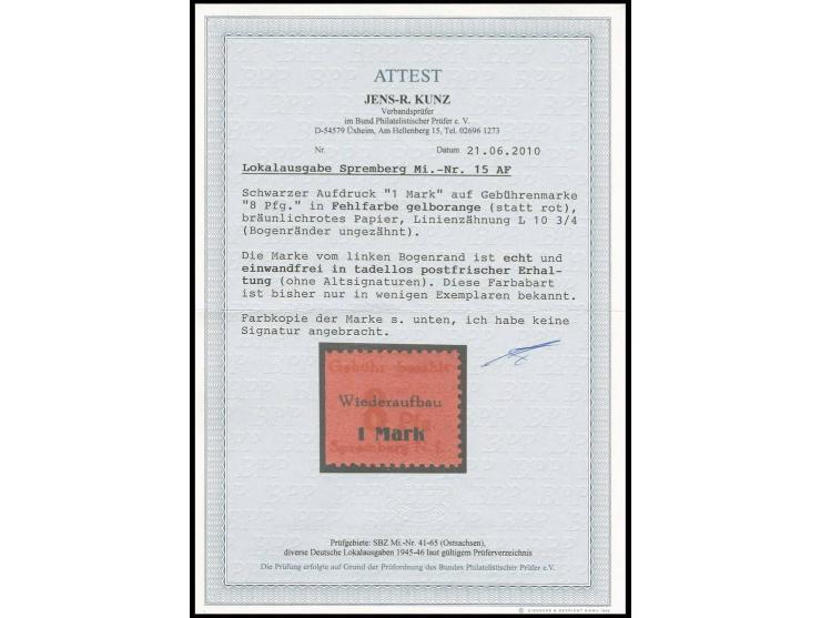 Wiederaufbau 8 Pfg. in Gelborange (statt rot) gezähnt, postfrisch, unsigiert mit Fotoattest Kunz BPP