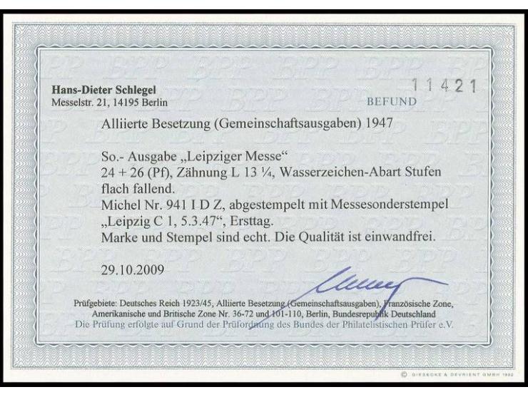 1947, Leipziger Messe 24 Pfg., gezähnt L13¼, Wasserzeichen-Abart "Stufen flach fallend" mit Ersttag-Sonderstempel, Fotobefund