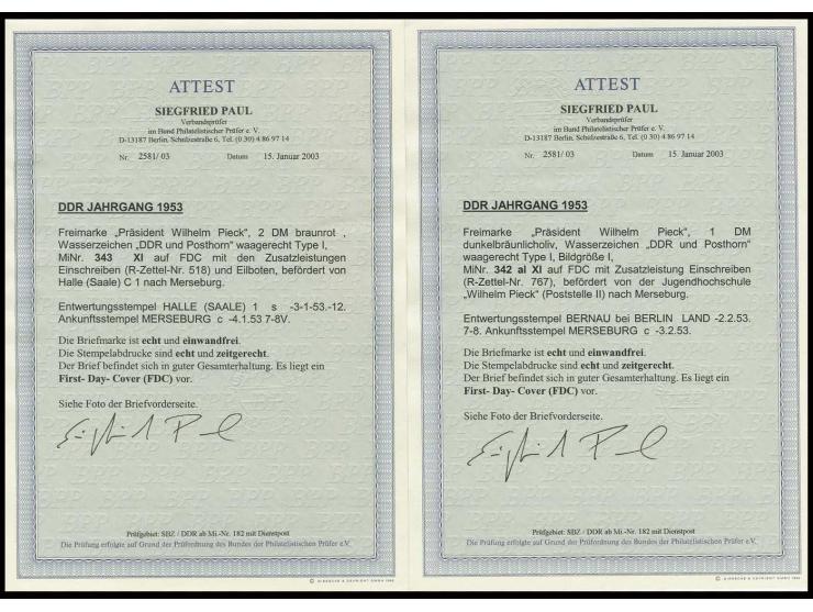 1953, Pieck 1 und 2 M. jeweils auf gelaufenem R-Ersttagsbrief (2 M. per Express) aus "BERNAU 2.2.53" bzw. "HALLE (SAALE) 3.1.