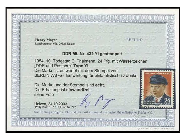 1954, Thälmann 24 Pfg. mit Wz. YI, mit Gefälligkeitsstempel "BERLIN W8", Pracht, Befund Mayer BPP (Mi. 500,-)