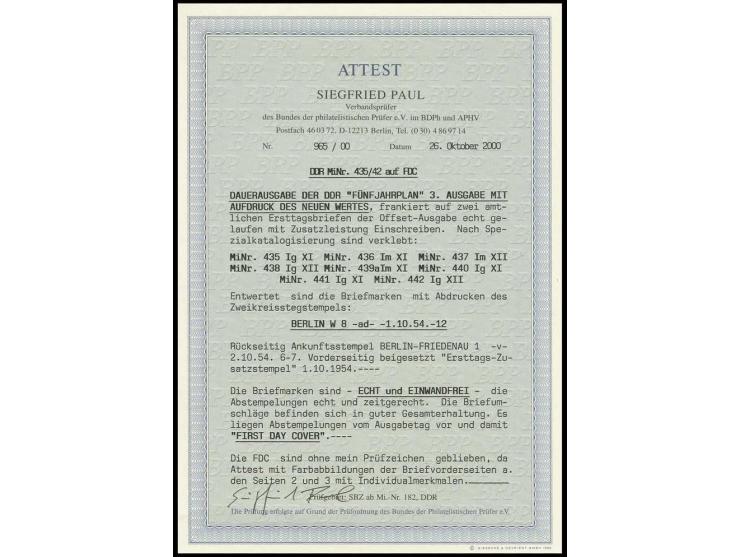 Fünfjahrplan 5-70 Pfg. kpl. auf zwei philatelistischen R-Orts-Ersttagsbriefen, gestempelt "BERLIN W8/1.10.54", Fotoattest Pau