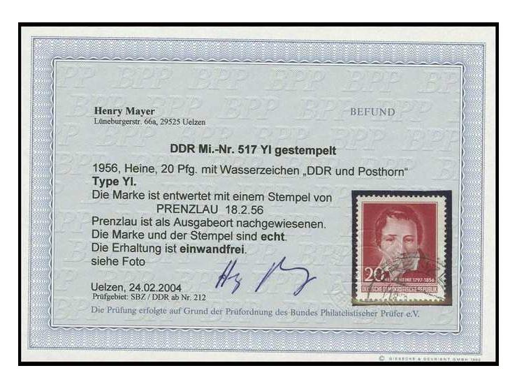 20 Pfg. mit Wz. YI gestempelt "PRENZLAU 18.2.56", Befund Mayer BPP (Mi. 500,-)