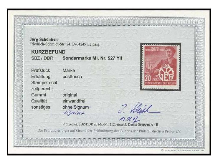 10 Jahre VEB mit Wz. YII, postfrisch mit herstellungsbedingter gummifreier Stelle, lt. Signatur und Kurzbefund Schönherr "pos
