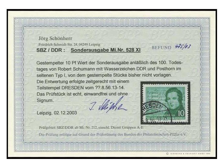 10 Pfg. mit Wz. XI, gestempelt "DRESDEN .. .8.56", sehr selten, Befund Schönherr BPP (Mi. ohne Preis)