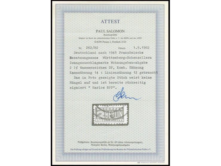 1949, Wohnungsbau 2 Pfg. in Kombinationszähnung K14 ¼ : L12 mit Wz.1Wgestempelt, sign. Harlos BPP und Fotoattest Salomon BPP 