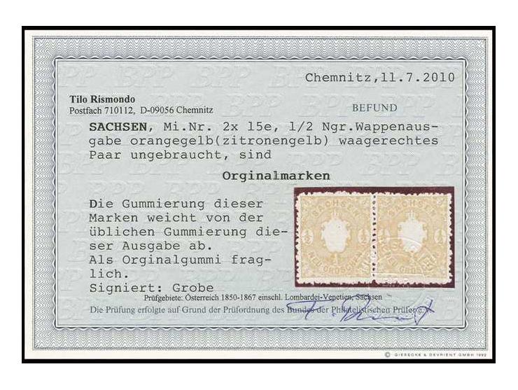 ½ Neugroschen zitronengelb im waagerechten Paar, farbfrisch und mit einwandfreier rauher Zähnung, ungebraucht mit laut Befund