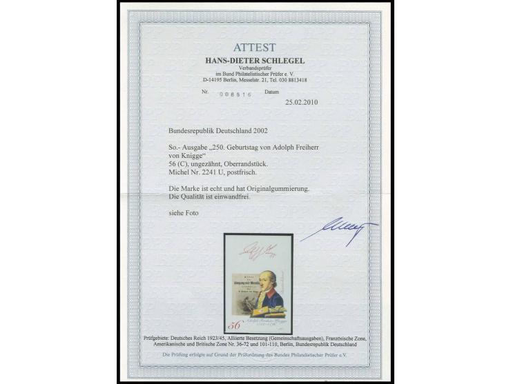 2002, Freiherr von Knigge 56 C., ungezähntes Oberrandstück, postfrisch, Fotoattest H.D. Schlegel BPP (Mi. 350,-)