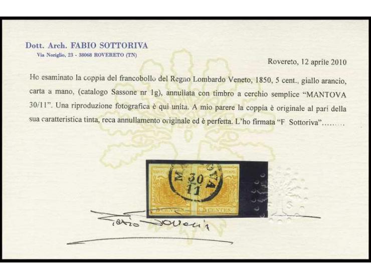 1850, Handpapier: 5 C. gelborange, waagerechtes Paar, voll- bis breitrandig, mit EKr. "MANTOVA 30/11", sign. Raybaudi, Fotobe