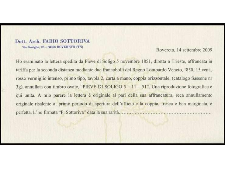 15 C. rot, Type I, waagerechtes Paar, allseits gut gerandet, mit seltenem Ovalstempel "PIEVE DI SOLIGO 5.11.51" auf Briefhüll
