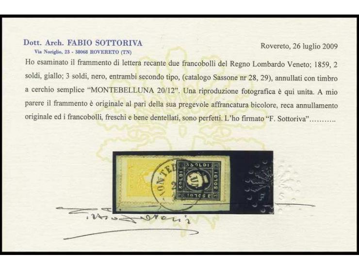 1858, Type II: 2 So. gelb und 3 So. schwarz mit EKr. "MONTEBELLUNA 20/11" auf Briefstück, Pracht, sign. und Fotobefund Sottor