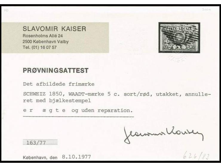 1850, Waadt 5 C. grauschwarz/bräunlichrot, voll- bis breitrandig mit Schnittlinien links und rechts, sauber gestempelt, Prach
