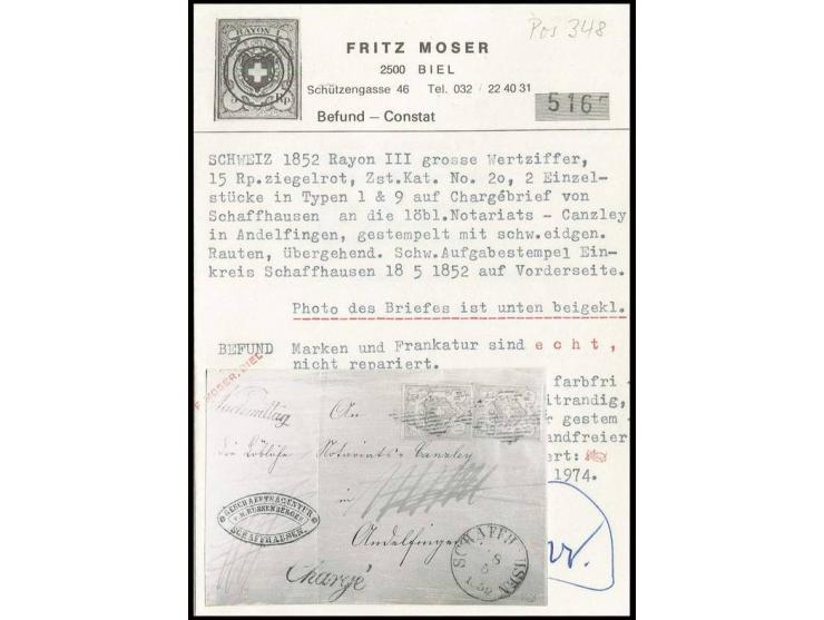 Rayon III 15 Rp., zwei Stück in Type 1 bzw. 9, allseits voll bis breitrandig mit schwarzer Raute auf Charge-Briefhülle nach A
