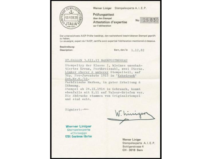 ZUSAMMENDRUCKE: 1915, Pro-Juventute Kehrdruck 5+5 C. mit Stempel "ST. GALLEN BAHNPOSTBUREAU 3.XII.15", Pracht, sign. und Atte