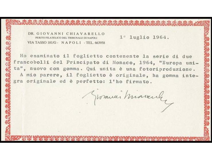 1964, CEPT, bloc spécial, neuf sans charnière, signé Sorani et Raybaudi et certificat Raybaudi et Chiavarello