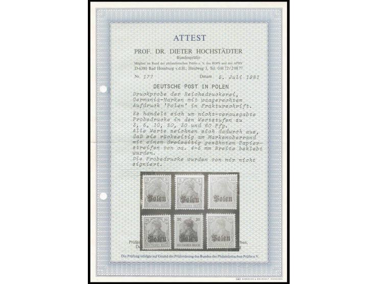 1914, German occupation overprint proofs "Polen" on 3, 5, 10, 20, 30 and 60 pf., unused with small paper strip on reverse, wh