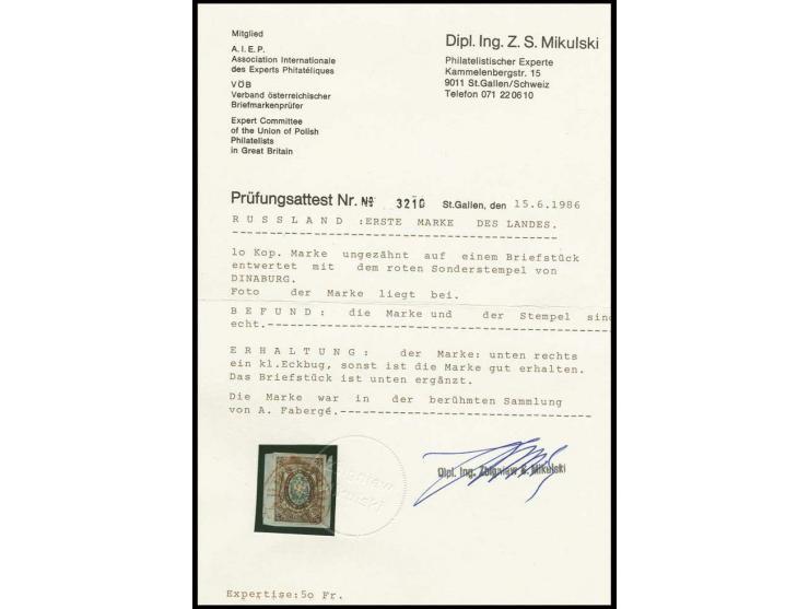 1857, 10 k. dark brown/light blue, second plate, good margins all around and in fresh colour, tied by red cancel "DINABURG" t