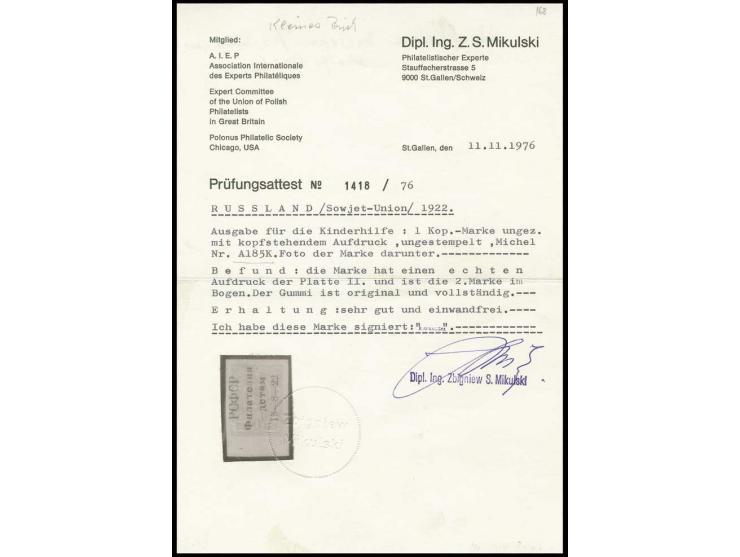 1 k. imperforated with inverted overprint with lower sheet margin, unused, fine, signed and certificate Mikulski