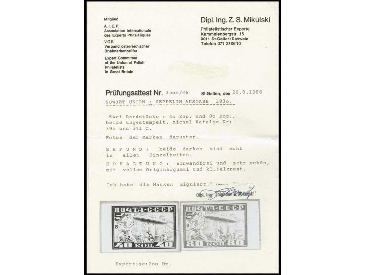 1930, Zeppelin 40 and 80 k. imperforated, both from the sheet margin, unused, very fine, sign. and certificate Mikulski