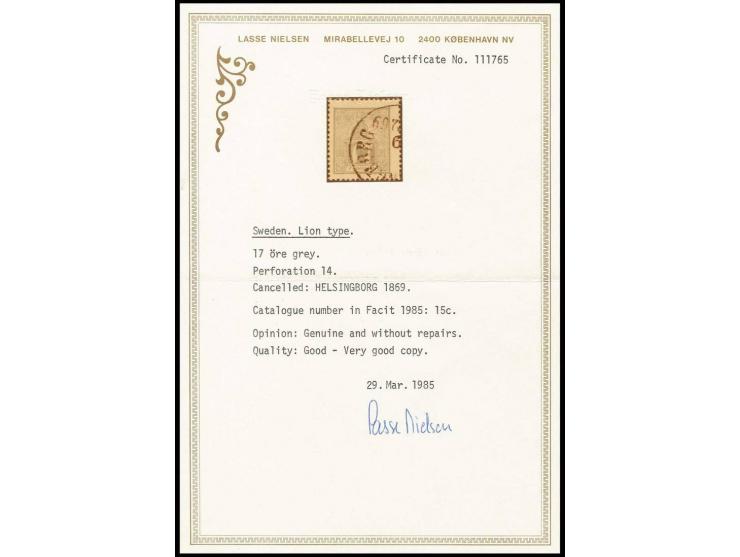 1866, 17 o. grey with part of "HELSINGBORG" cds., fine, Nielsen certificate (Mi. 800,-)