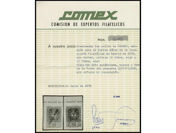 Philatelic Exhibition 10 and 15 c. with upper sheet margin, unmounted mint with hinge remainder in the margin, Comex certific
