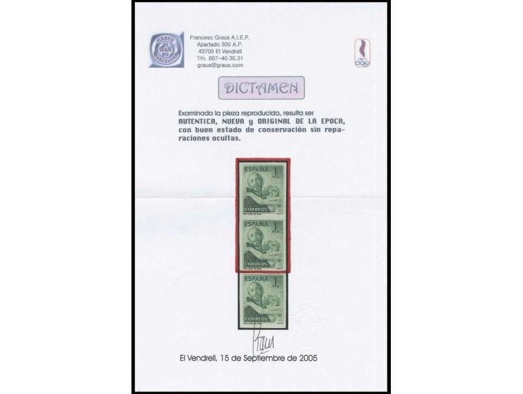 1950, San Juan de Dios 1 pta., imperforated colour proof in green, vertical pair, unhinged mint, fine and rare, opinion Graus