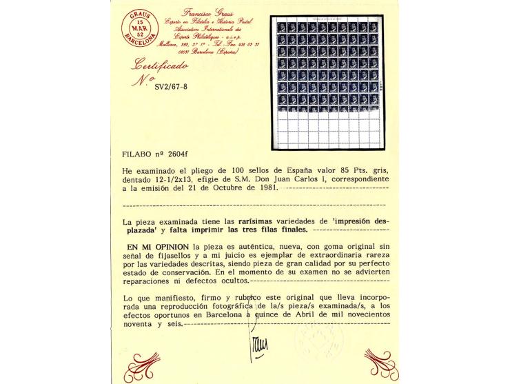 1981, Juan Carlos 85 pts., cpl. sheet of 100 stamps with strongly shifted print, the lower 2½ rows without print at all, hori