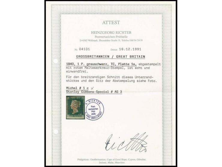 TC, grey-black, good to very large margins with small sheet margin at bottom, clear red MC, extremely fine, certificate H. Ri