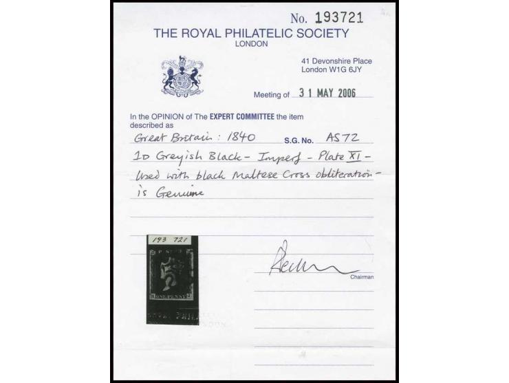 Plate 11: HJ greyish black, clear at top, otherwise good to wide margins, clear black MC; a fine copy of this rare stamp, cer