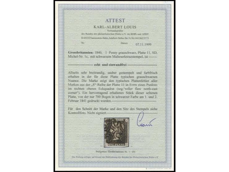 SD, greyish black with roller flaw in North-East corner, good to wide margins, clear black MC; a very fine copy of this rare 