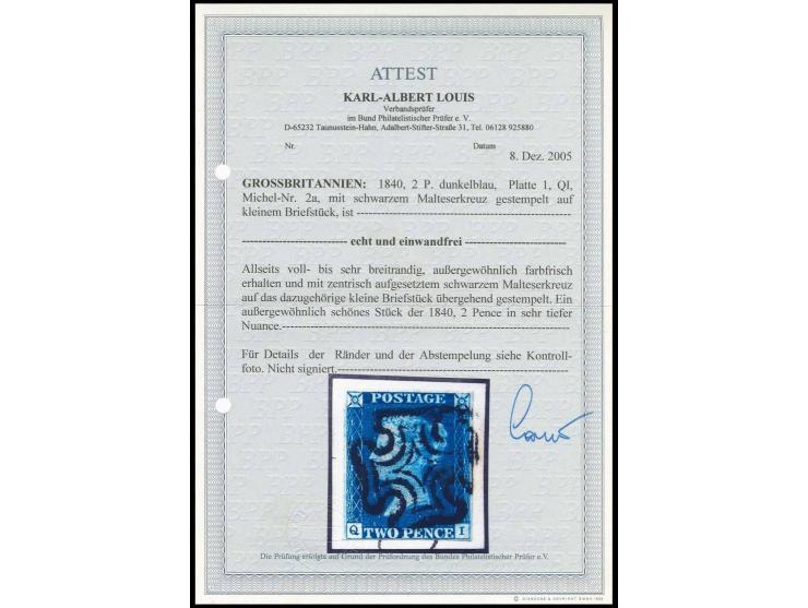2 d. deep full blue, plate 1, QI, good to wide margins, tied by black MC to small piece, very fine, certificate Louis BPP