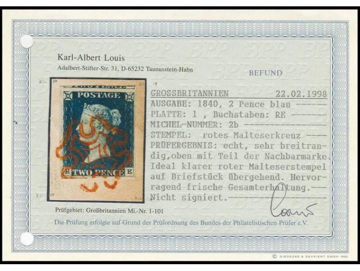 2 d. blue, plate 1, RE, good to enormous margins with part of adjoining stamp at top, tied by clear red MC to piece, very fin