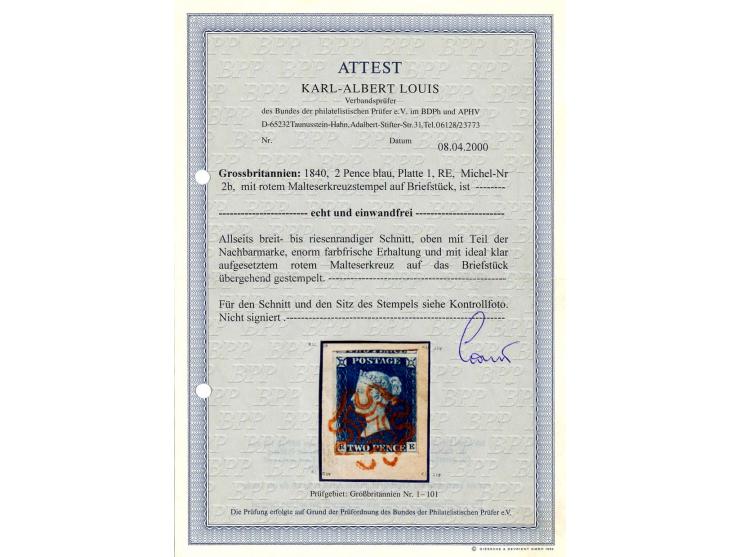 2 d. blue, plate 1, RE, good to enormous margins with part of adjoining stamp at top, tied by clear red MC to piece, very fin
