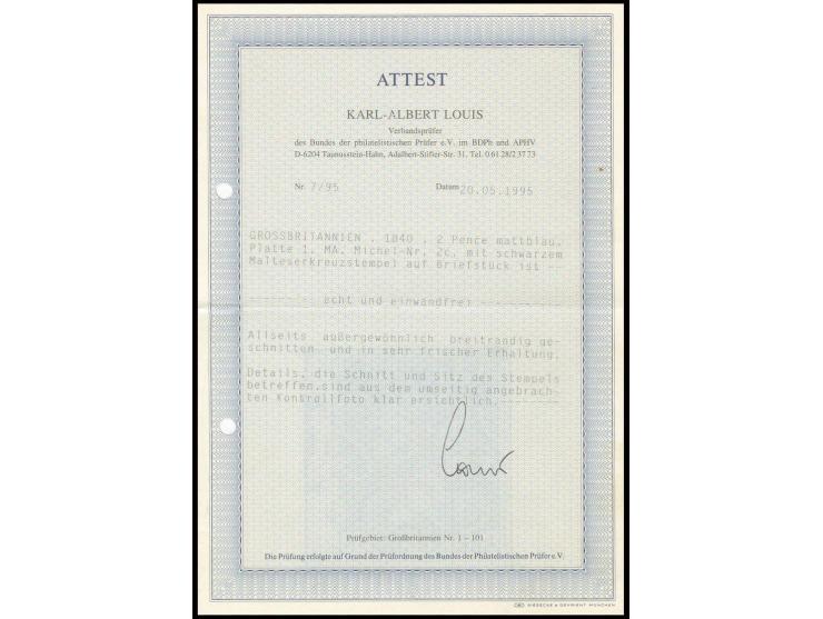 2 d. pale blue, MA, large to very large margins, tied by light clear black MC to small piece, extremely fine, certificate Lou