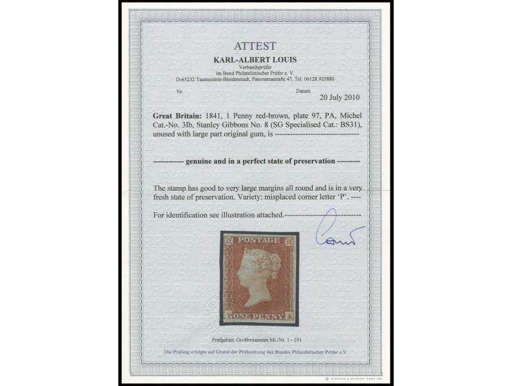 1841, 1 d. red-brown, plate 97, PA with misplaced P, unused, large part o.g., very fresh and fine, certificate Louis BPP
