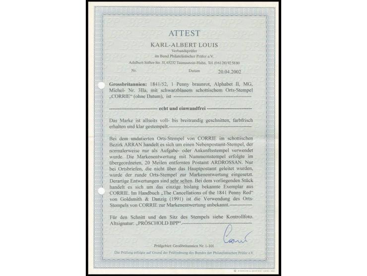 1 d. red-brown, MG, good margins, cancelled by black blue undated town cancel "CORRIE"; very rare, according to certificate L