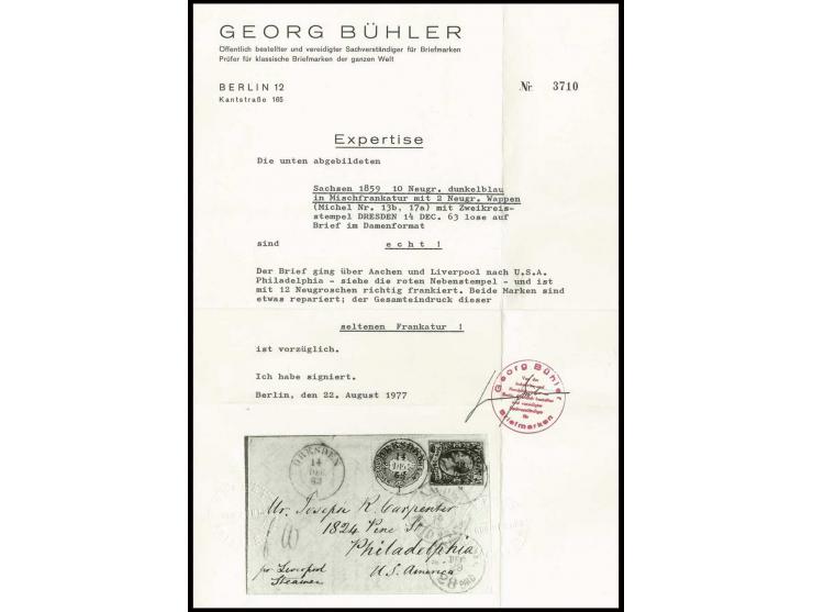 1863, Johann 10 Neugroschen blau und Wappen 2 Neugroschen blau mit DKr. "DRESDEN 14 DEC 63" auf kleinem Briefkuvert mit Origi